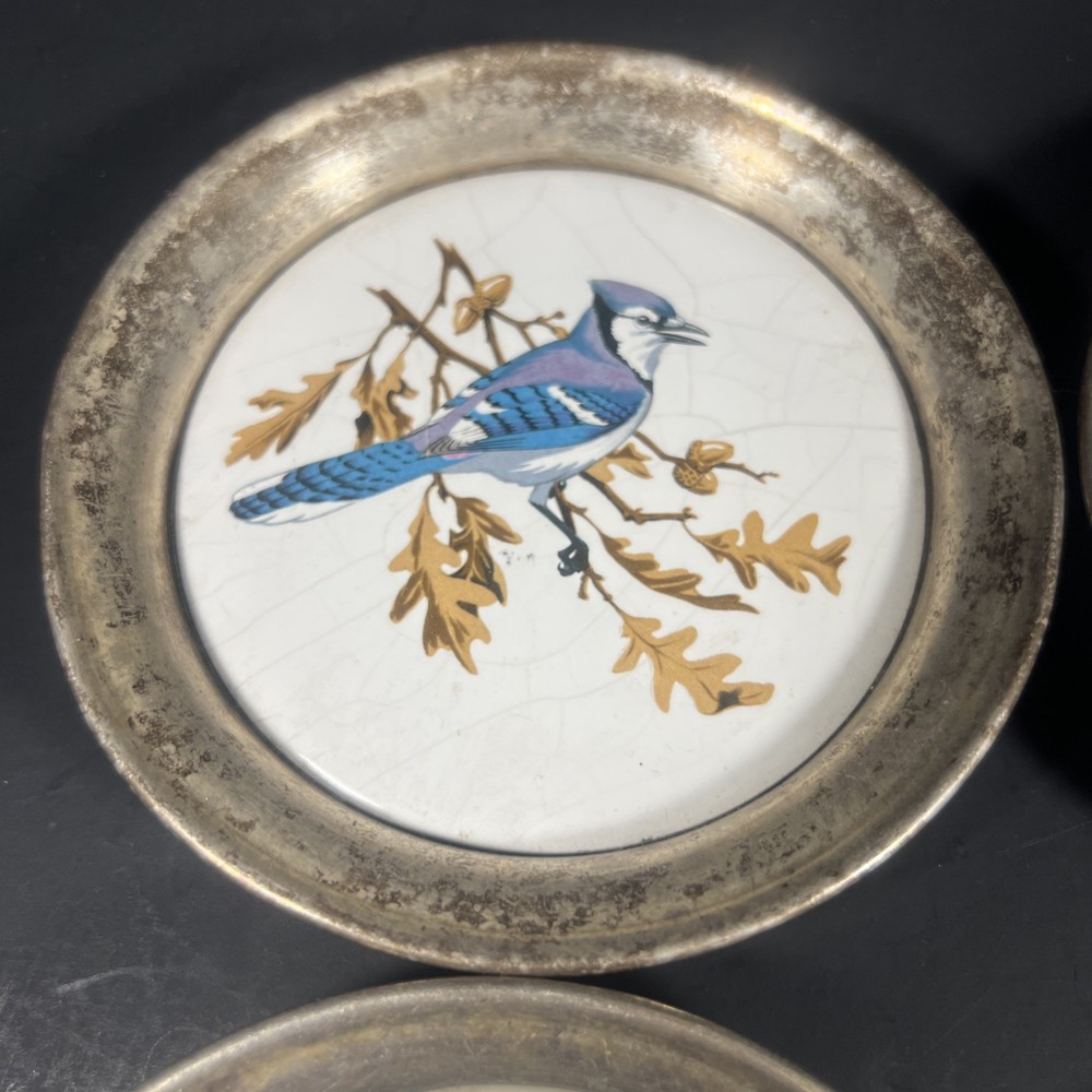 4 SHERIDAN Silver Plate/ Ceramic Tile American BIRDS Drink Coasters Barware