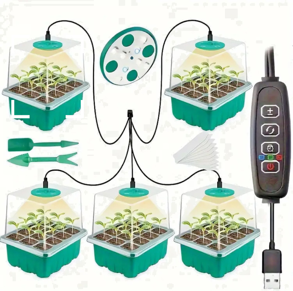 5pk-Seed Starter Kit with Grow Lights -Timer -Dimmer -Ventilation Dome-60cell