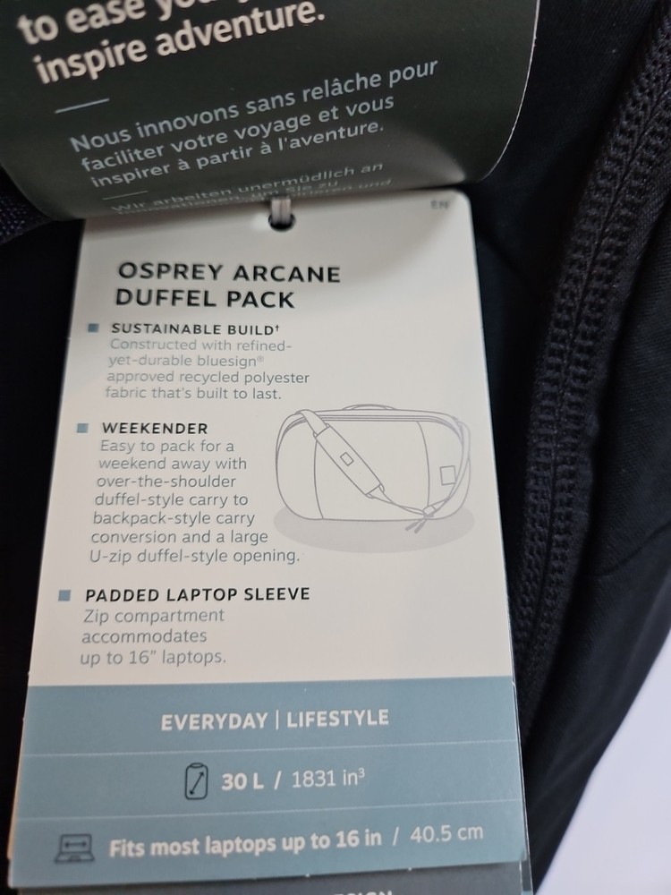 Osprey Arcane Duffel Bag/Backpack 30L. Black.