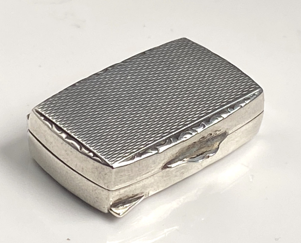 Antique c1910 Solid Silver 935 Engine Turned Pill Box Scrolling Foliage Border