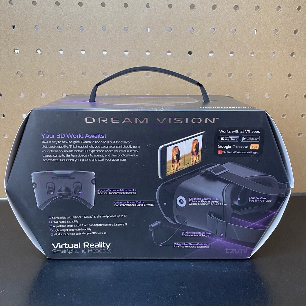 Dream Vision VR Virtual Reality 360 Smartphone Headset Earbuds iOS Android Black