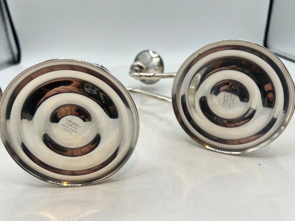 Pair Rogers sterling silver three-light candleabra with decorative beaded rim