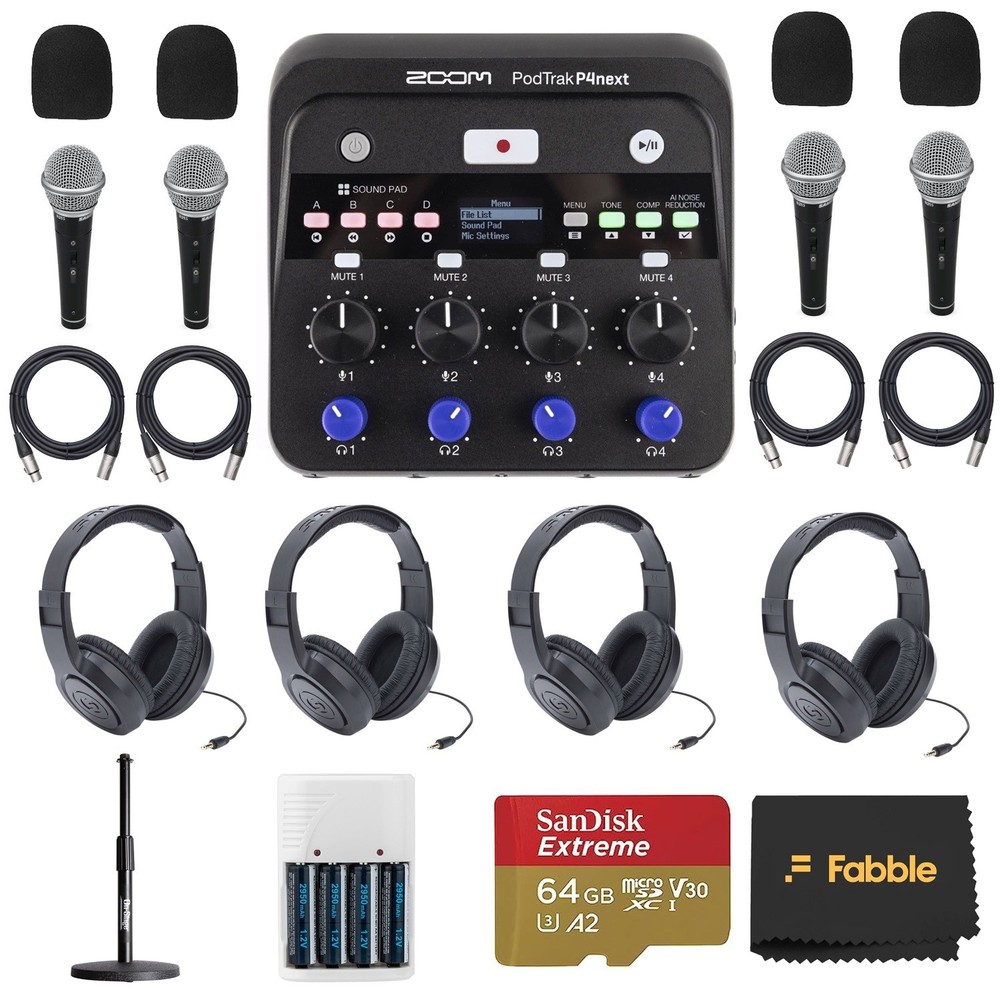 Zoom PodTrak P4next Portable Multitrack Podcast Recorder Bundle