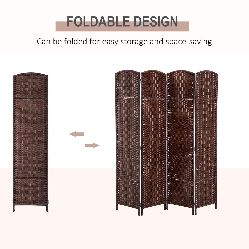 4 Panel Folding Room Divider, 6' Tall Portable Wicker Weave Divider w/Wood Frame