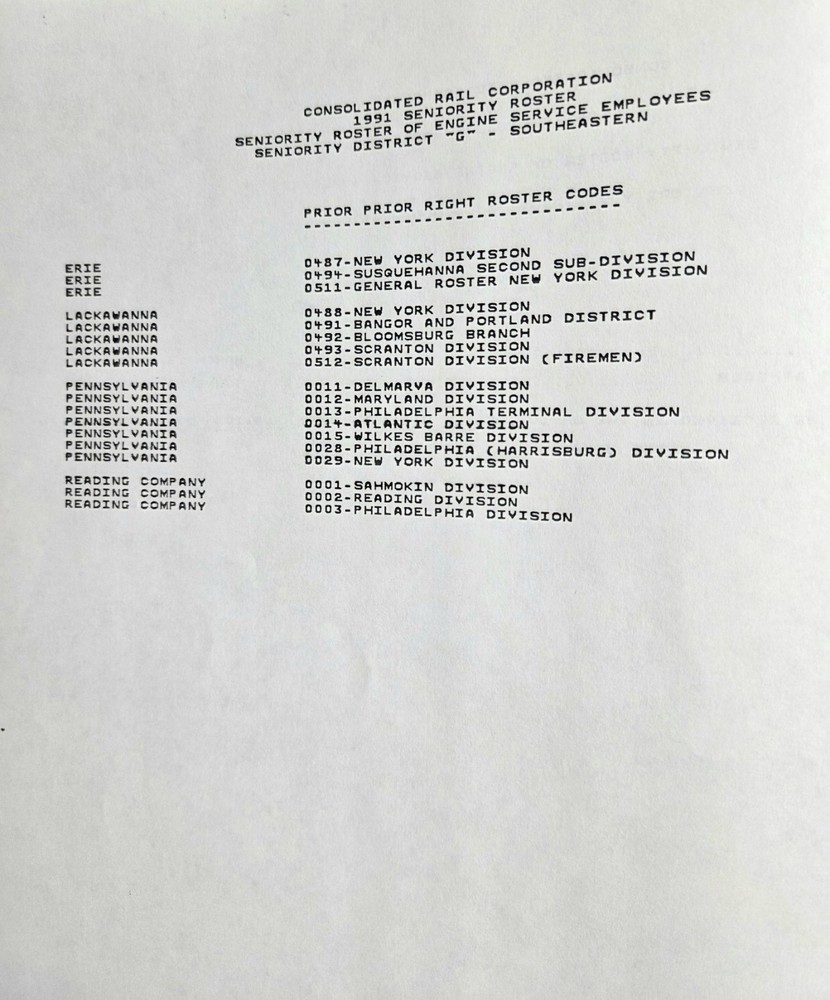 1991 Conrail Engineers Seniority Roster District "G"