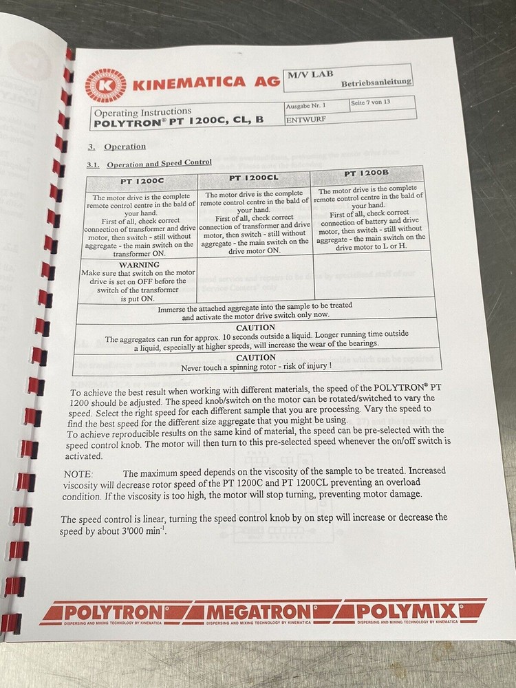 Kinematica AG Polytron PT 1200 - Users Manual/Instructions Book
