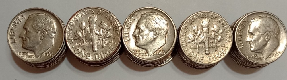 1965-P ROOSEVELT DIME ROLL (CIRCULATED CONDITION)