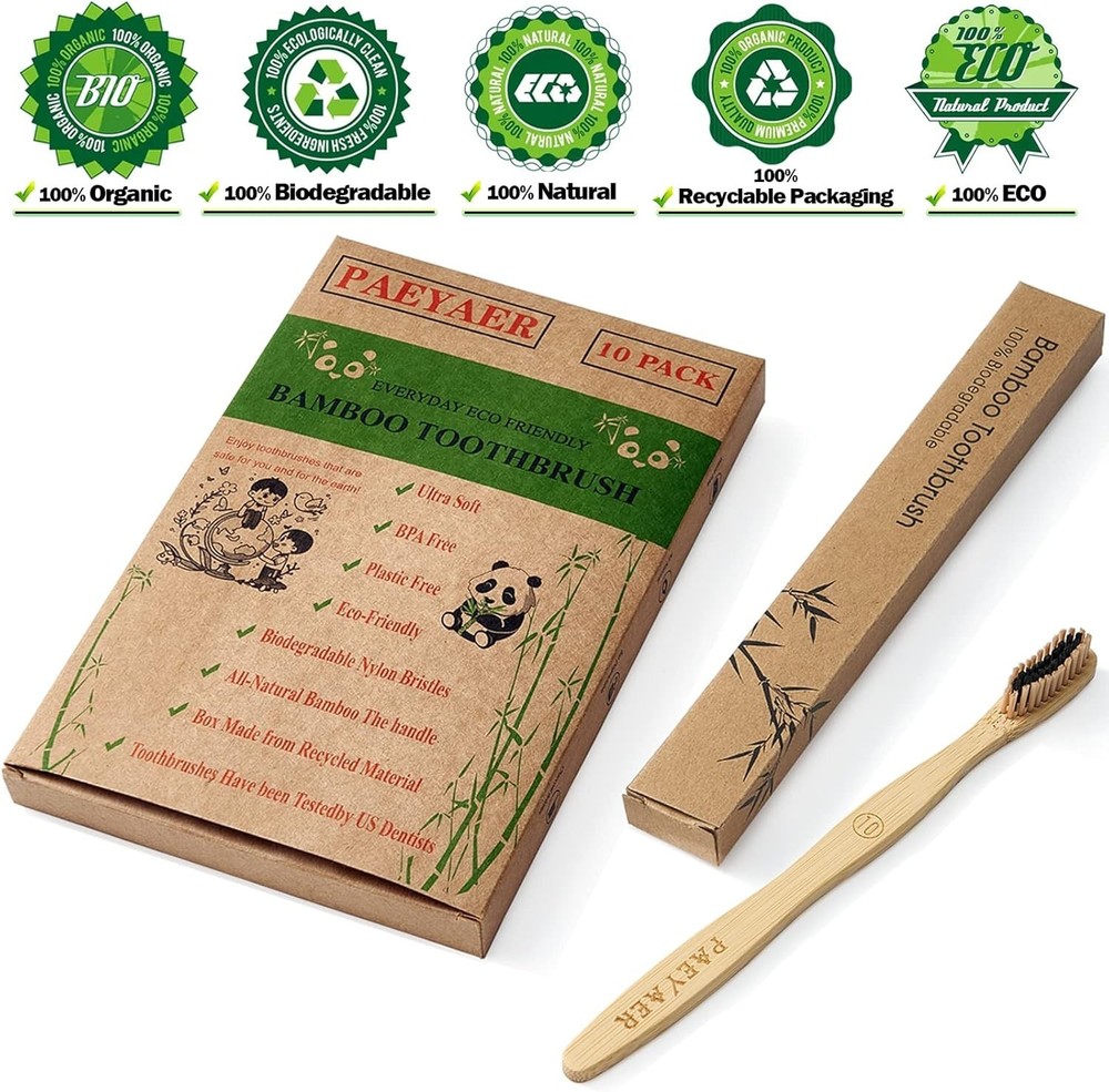 Bamboo Toothbrushes 2 Pc or 10 Pack Biodegradable Soft Medium Charcoal Bristles