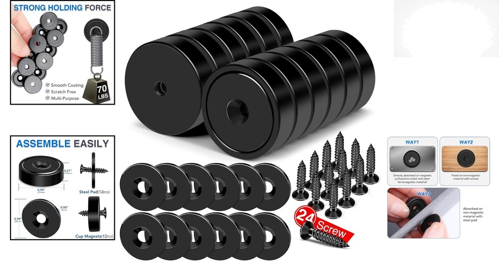12-Pack Heavy-Duty Neodymium Cup Magnets - 70 lbs+ Pull Force, Easy Mounting