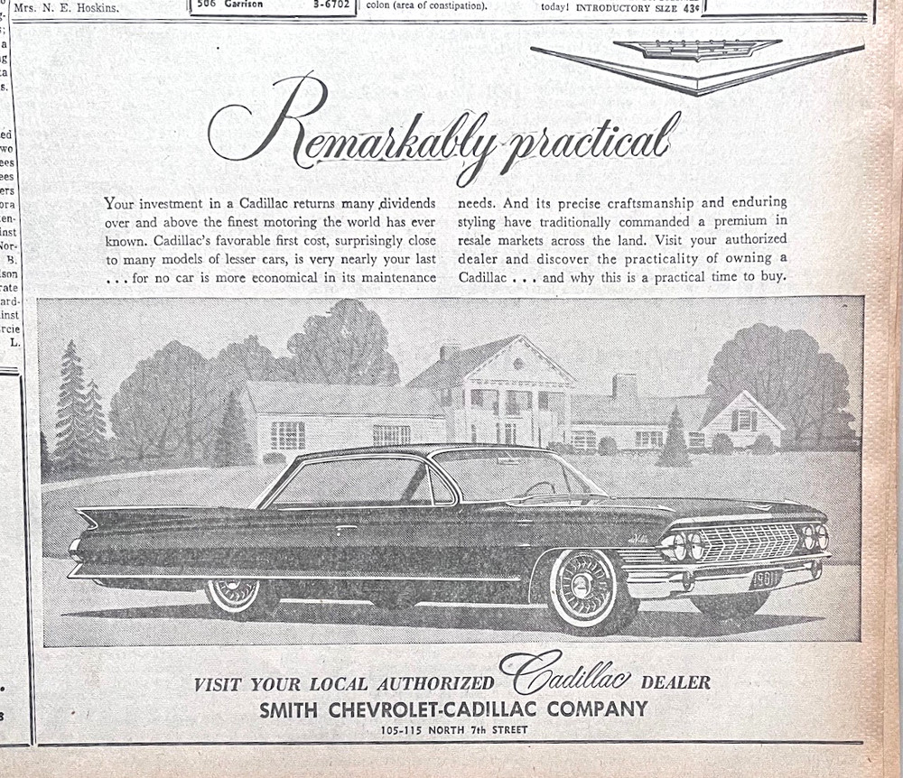 1961 newspaper ad for Cadillac - Remarkably practical