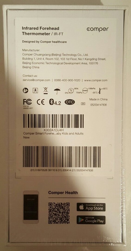 Comper Non Contact Thermometer, with Smart App, Bluetooth Connection - NEW!!!