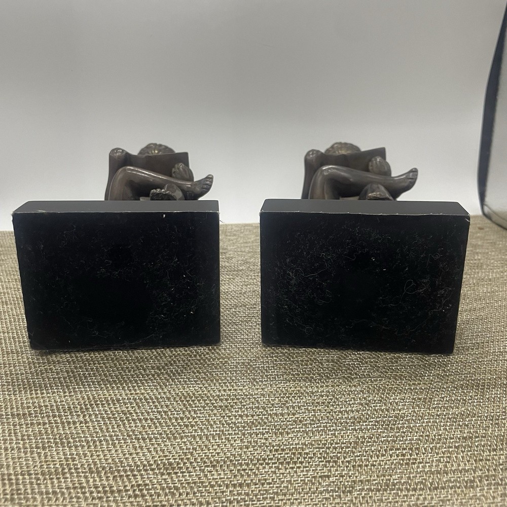 Vtg Bronze Boy Cherub Reading Book Bookends