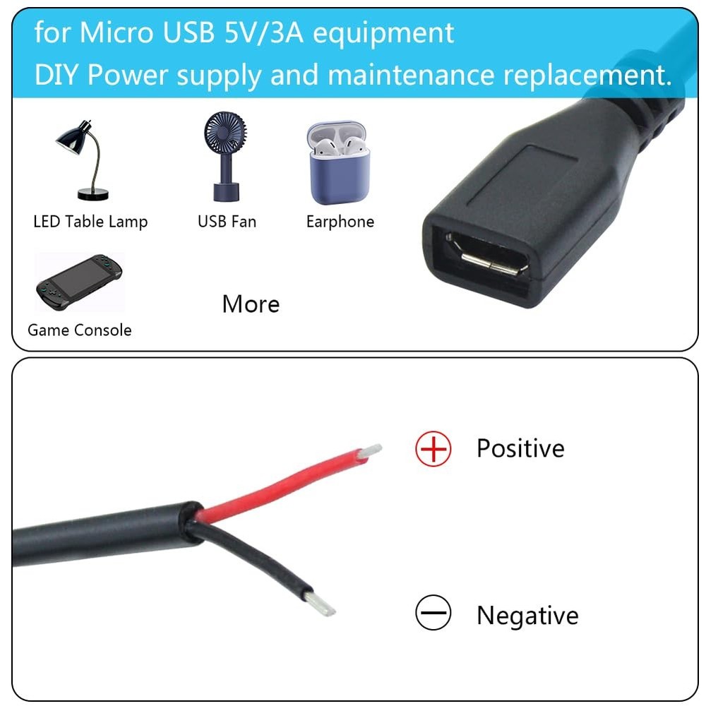 Short Micro USB Female 2 Pin Bare Wire,30cm/11.8in to Open End...