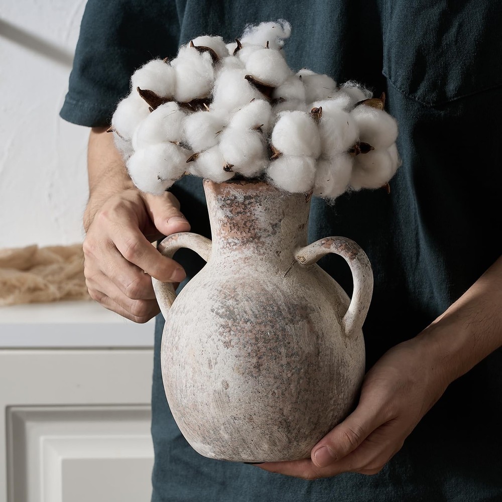 SIDUCAL Rustic Ceramic Farmhouse Flower Vase with 2 Handles, Whitewashed Terr...