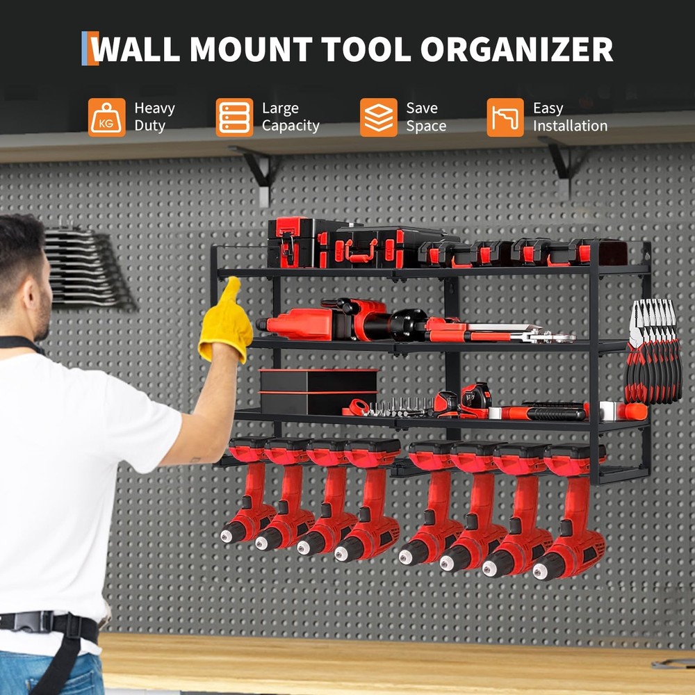 Wall Mount 4-Layer Power Tool Organizer 8 Drill Holders Drill Bit Rack for Garag