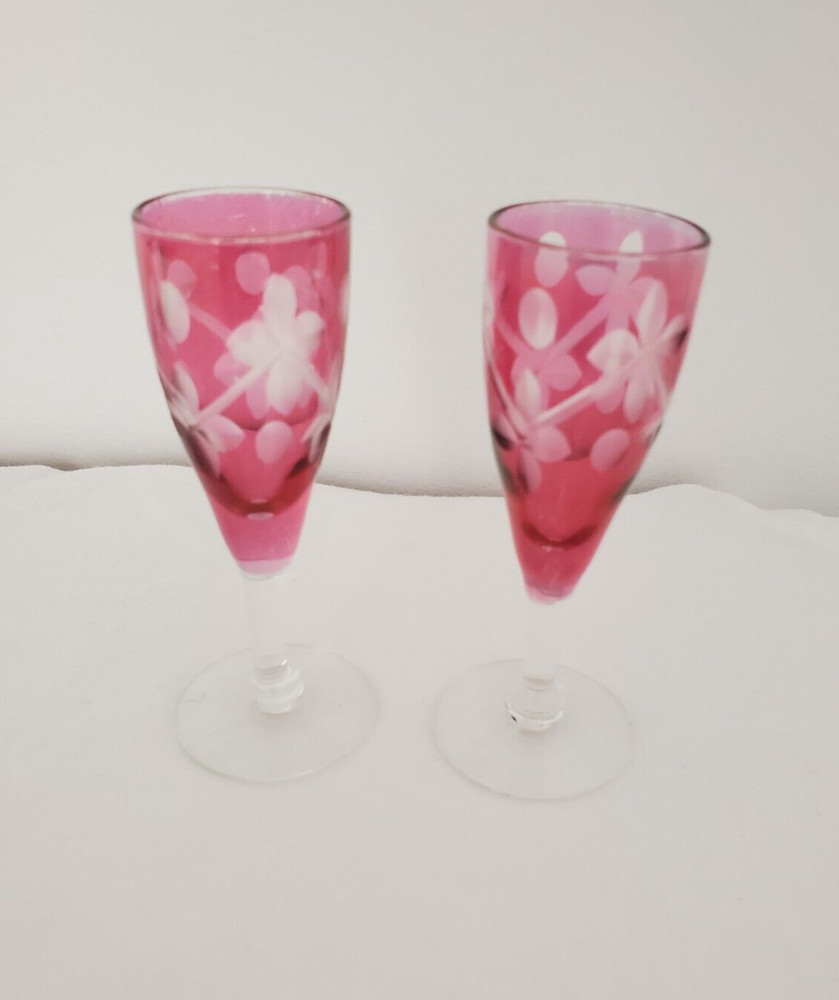 Vintage 2 Crystal Ruby Edged Shot Glasses Beautiful