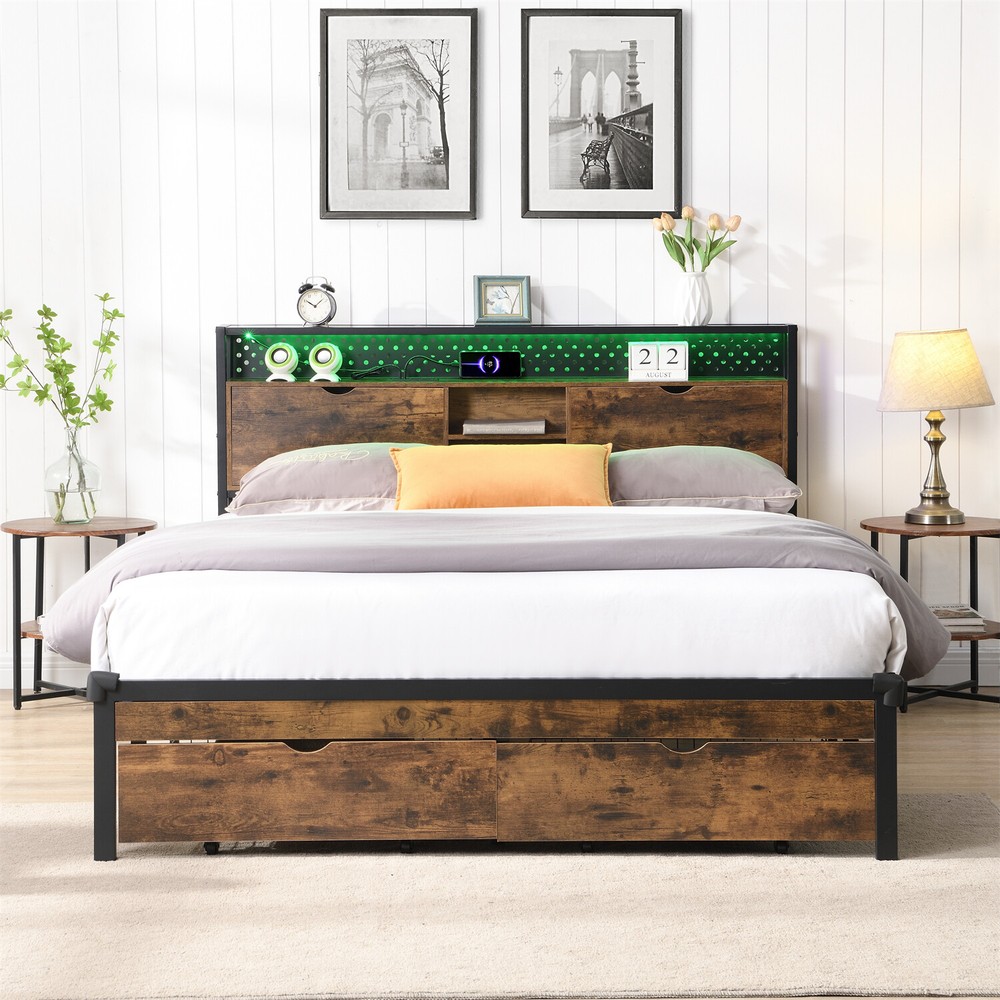 Full/Queen/King Size LED Bed Frame Metal Platform Bed with Charging Station