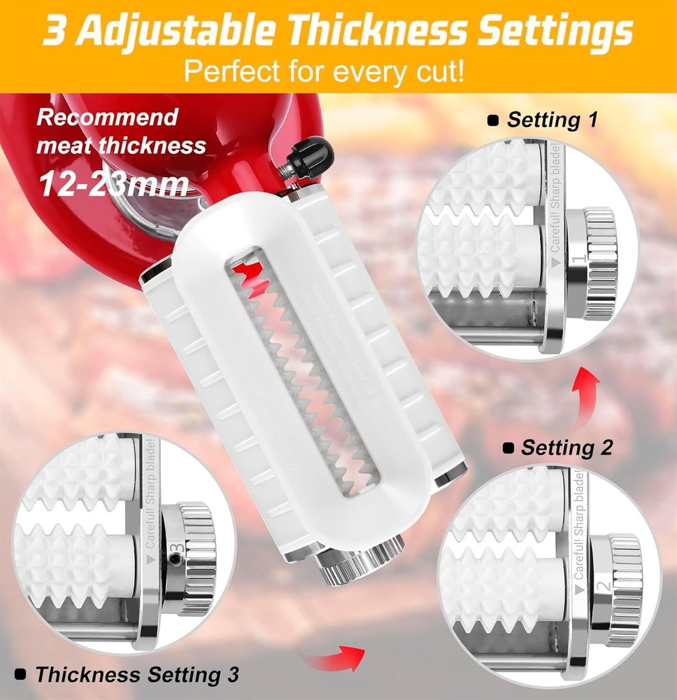 Adjustable 3 Thickness Meat Tenderizer Attachment for Kitchenaid Mixers, Dishwas