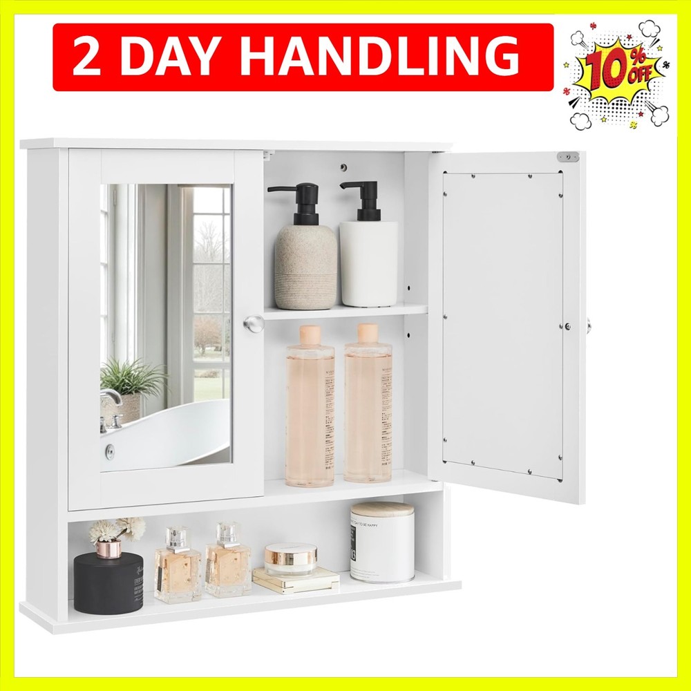Bathroom Cabinet with Mirror, Wall Cabinet with 2 Mirrored Doors, Adjustable ...