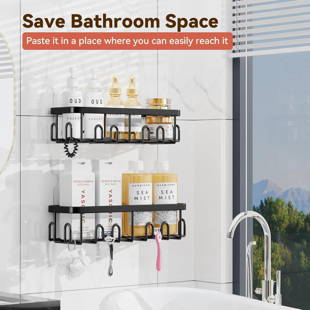 Adhesive Shower Caddy, 2 Pack Black Shower Shelves for inside Shower, Rustproof