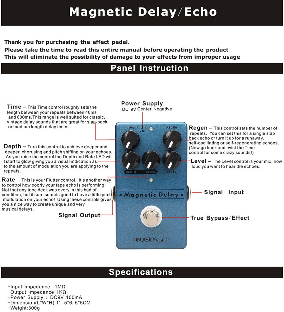 Mosky Magnetic Echo Delay Guitar Effect Pedal Time Depth Flutter Rate Regen LED