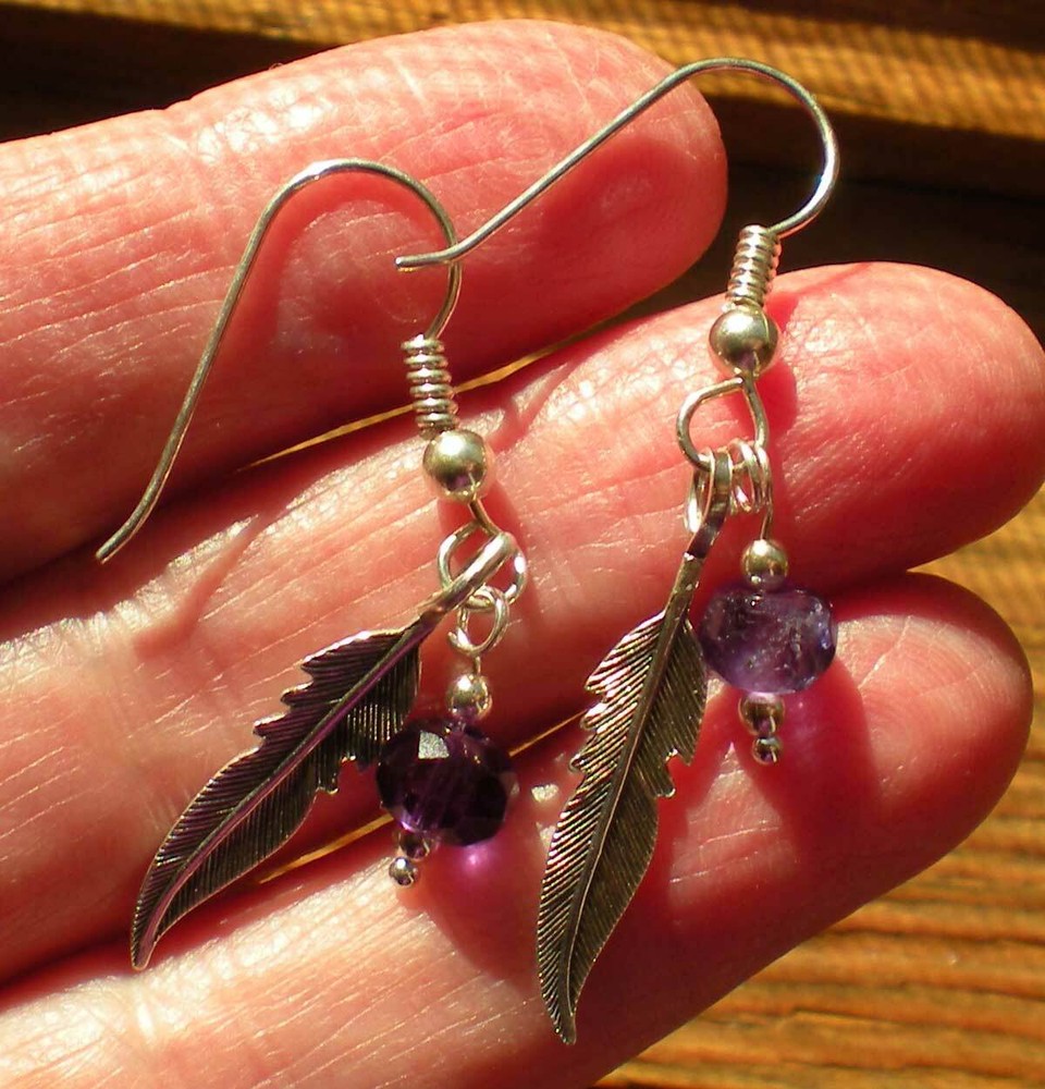 Amethyst Sterling Silver Feather Earrings e165