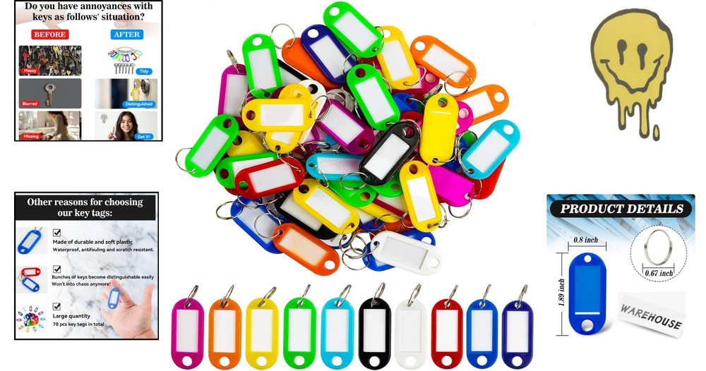 60 Pack Plastic Key Tags, Flexible Key Labels with Split Ring Label Window, Key