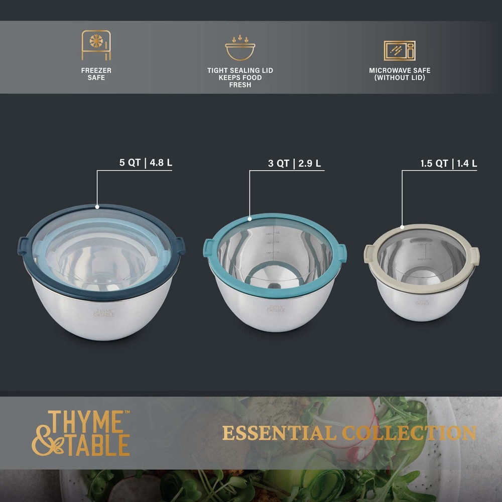 Thyme & Table 6-Piece Nesting Mixing Bowl Set with Easy Grip Transparent Lids