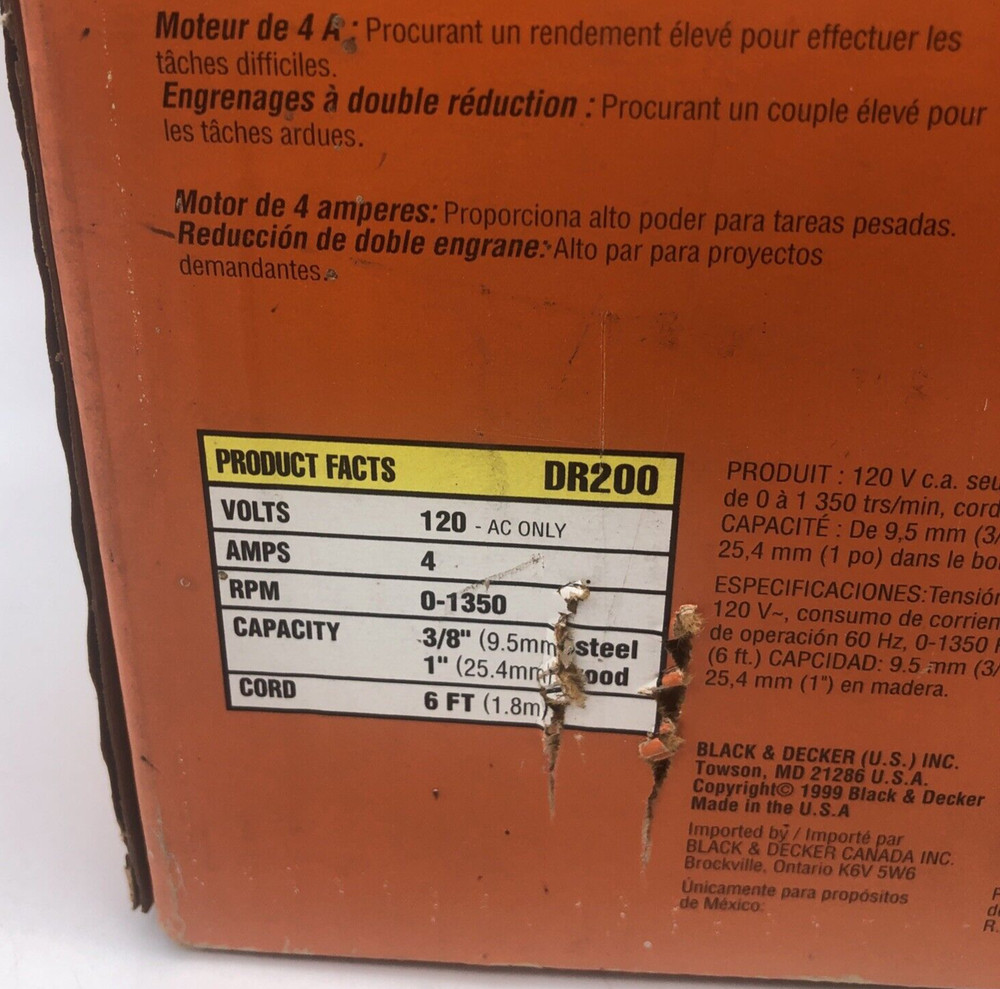 Black & Decker 3/8" Variable Speed Drill 4-amp DR200 with 13 High Drill Bits NOS