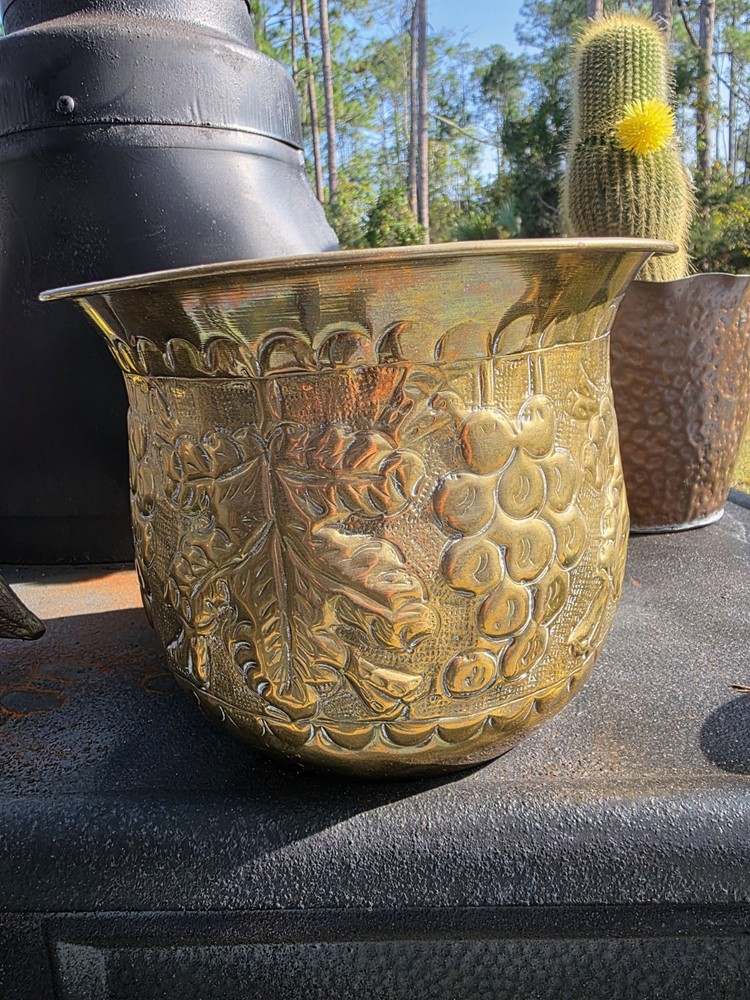 Vintage Embossed Brass Planter Medium Grape Leaf Design Boho Decor India Style