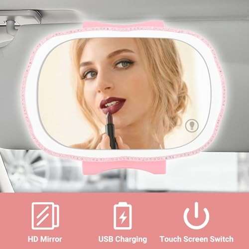 LED Car Sun Visor Vanity Mirror with 3 Dimmable Light Modes Touch Control Pink