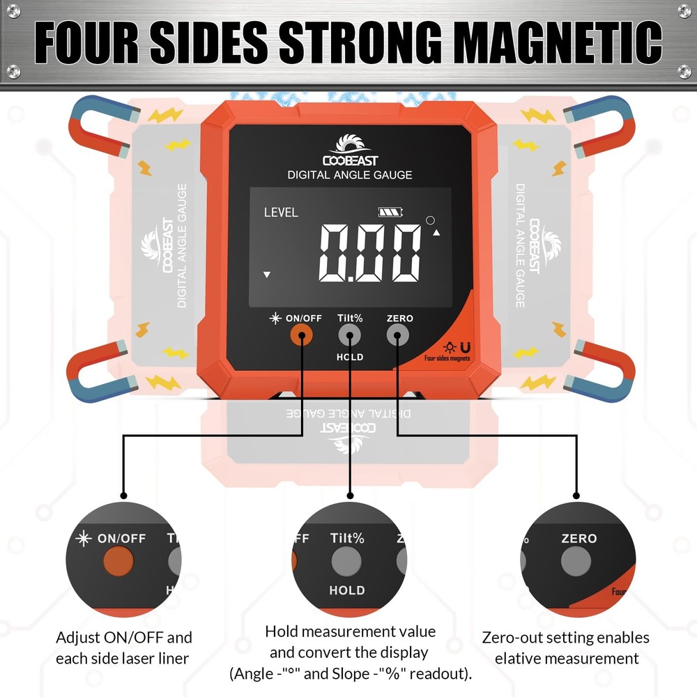 Digital Angle Finder with Laser, 4side Magnetic Digital Angle Gauge, Recharge...