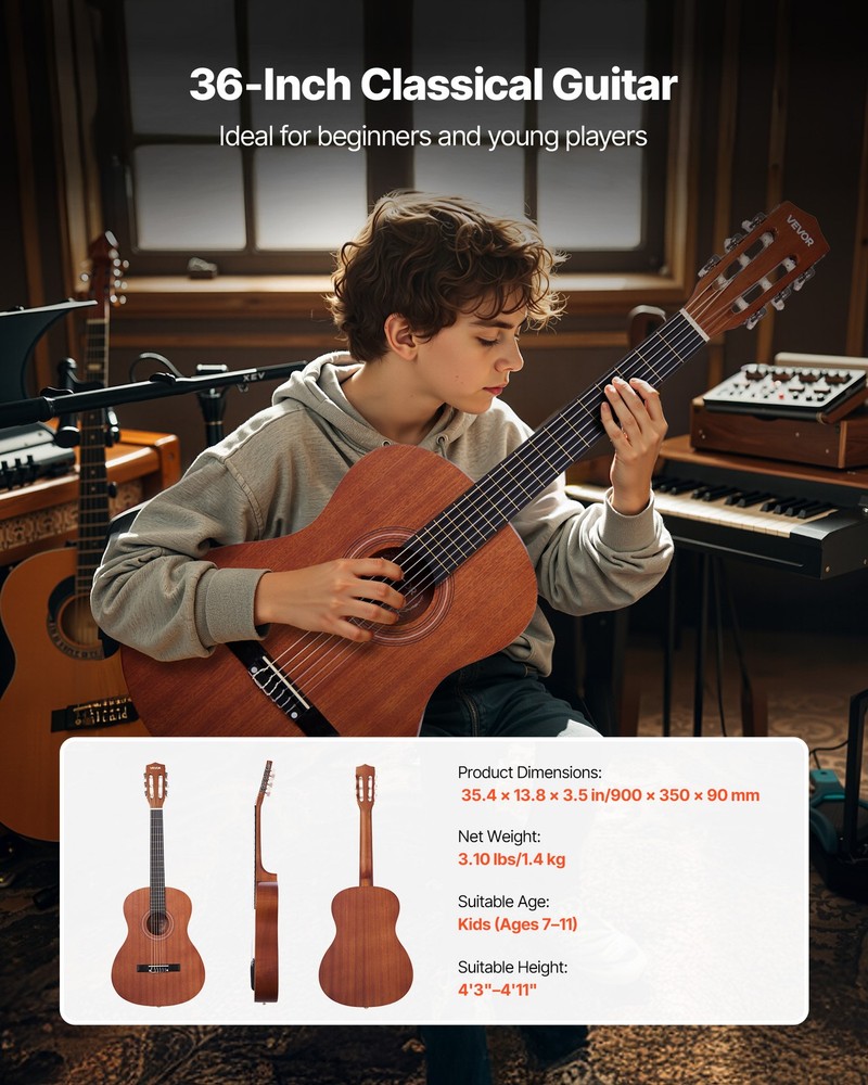 VEVOR Classical Guitar 36 in Guitar Beginner Starter Kit Nylon Strings Natural