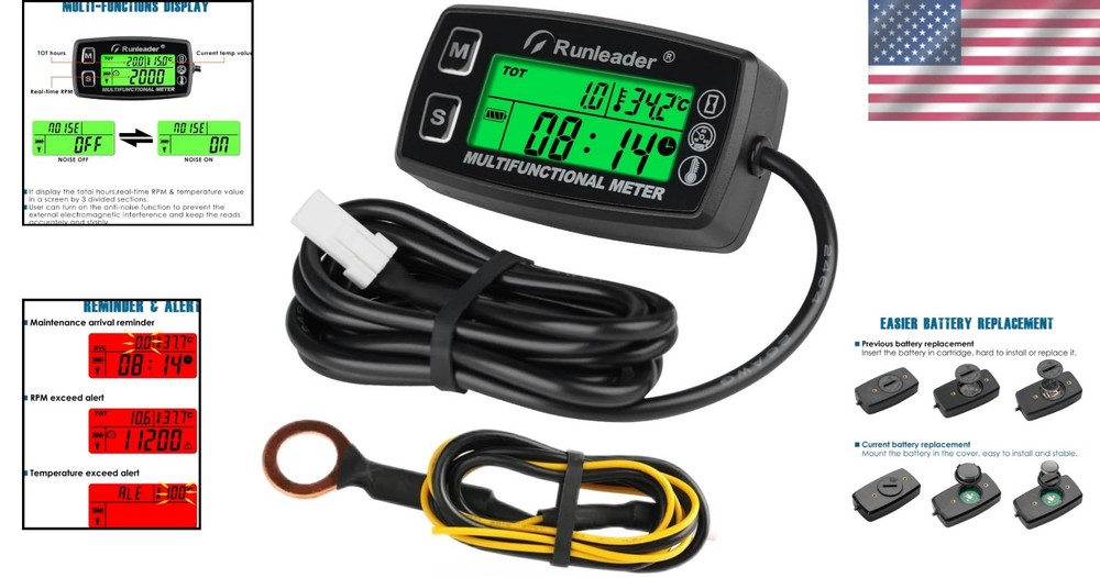 Digital Tach Hour Meter & Engine Temperature Gauge with RPM Alerts & Backlight