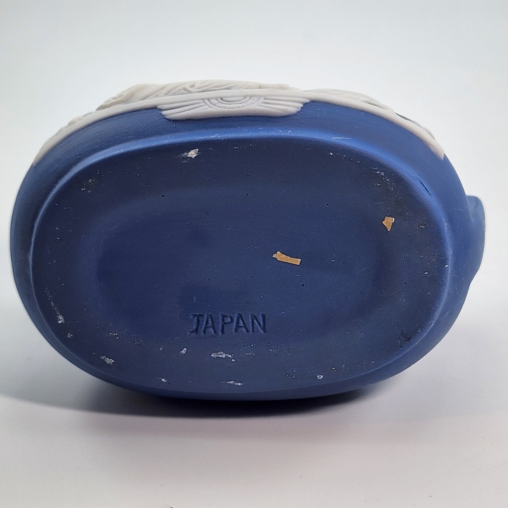Vintage Jasperware Japan Pitcher Creamer Blue & White Applied Design Bisque EUC