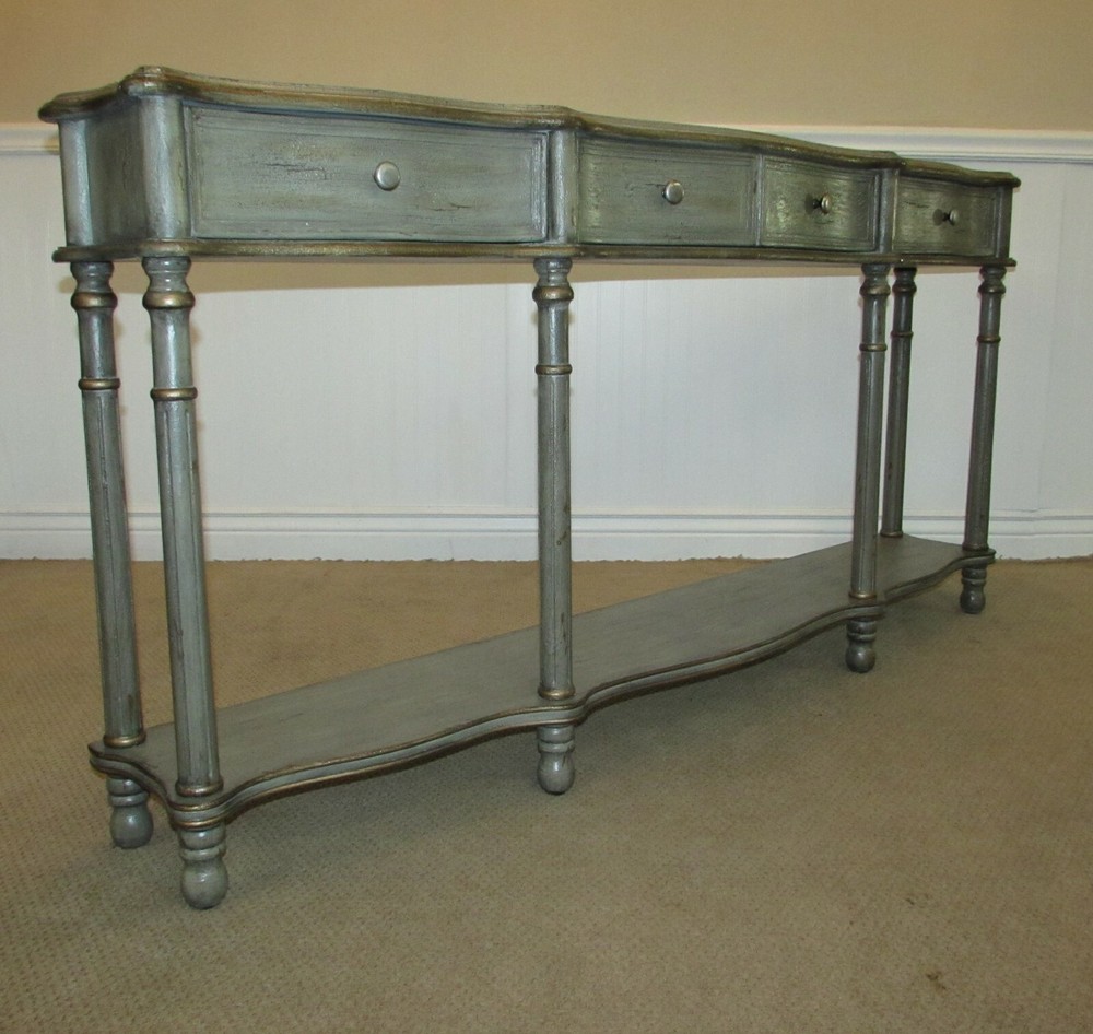 DECORATORS TWO TIER CONSOLE, SOFA TABLE, THREE DRAWERS, GREY FACTORY FINISH
