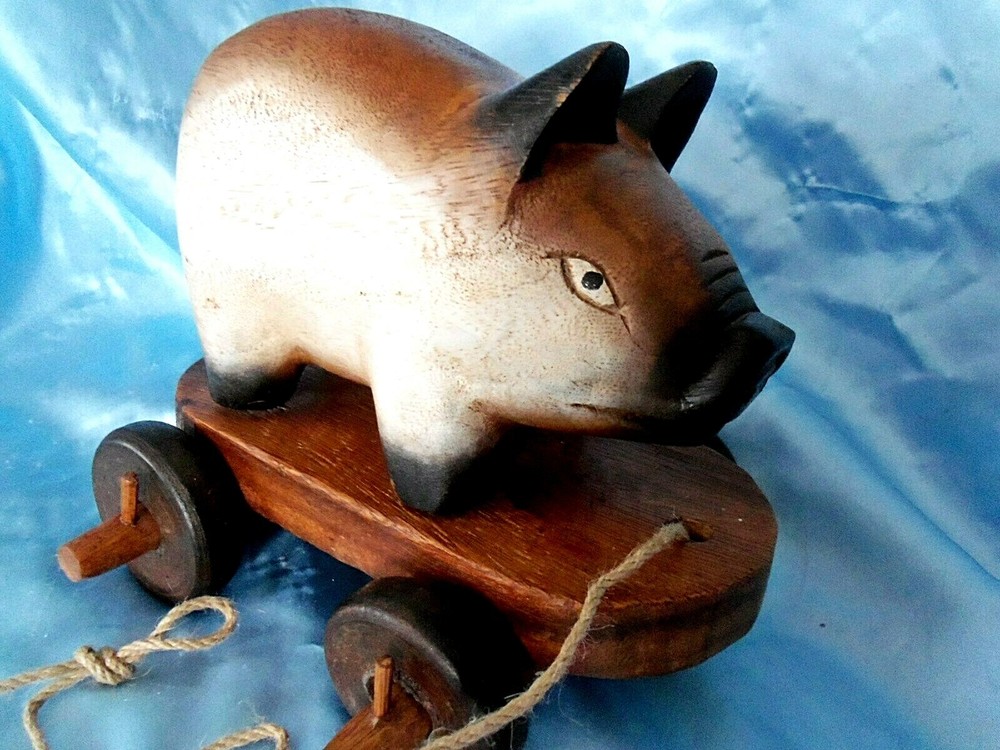 Vintage Antique pull rolling handmade Wood Pig Pull toy