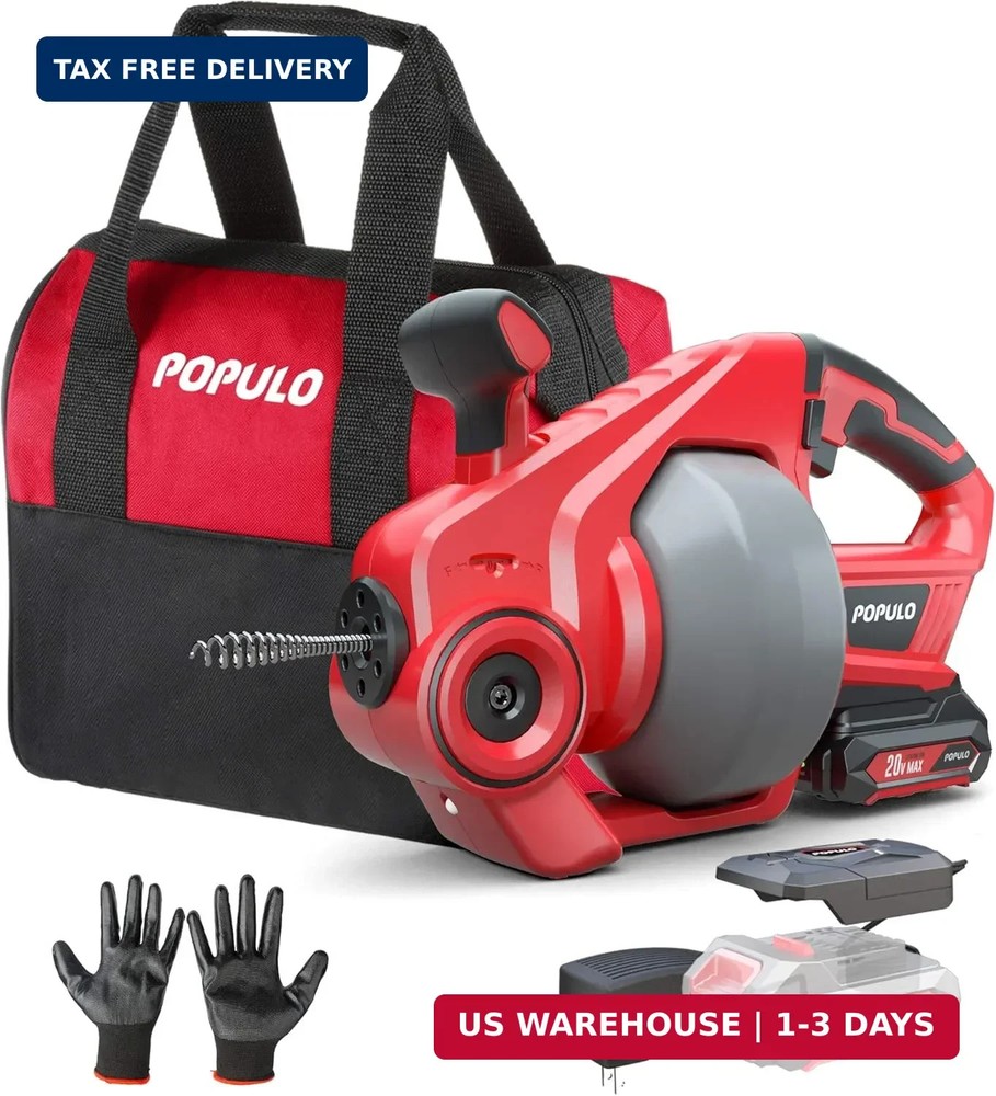 POPULO 20V Cordless Electric Drain Auger-Efficient 25Ft Auto-Feed Drain Snake wi