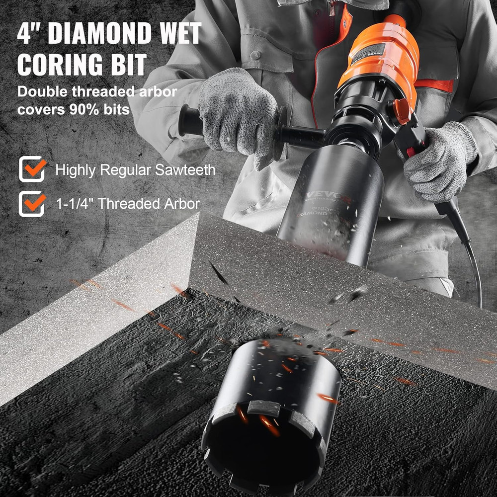 Diamond Core Drilling Machine, 4In Handheld Wet Concrete Core Drill Rig, 1100-24