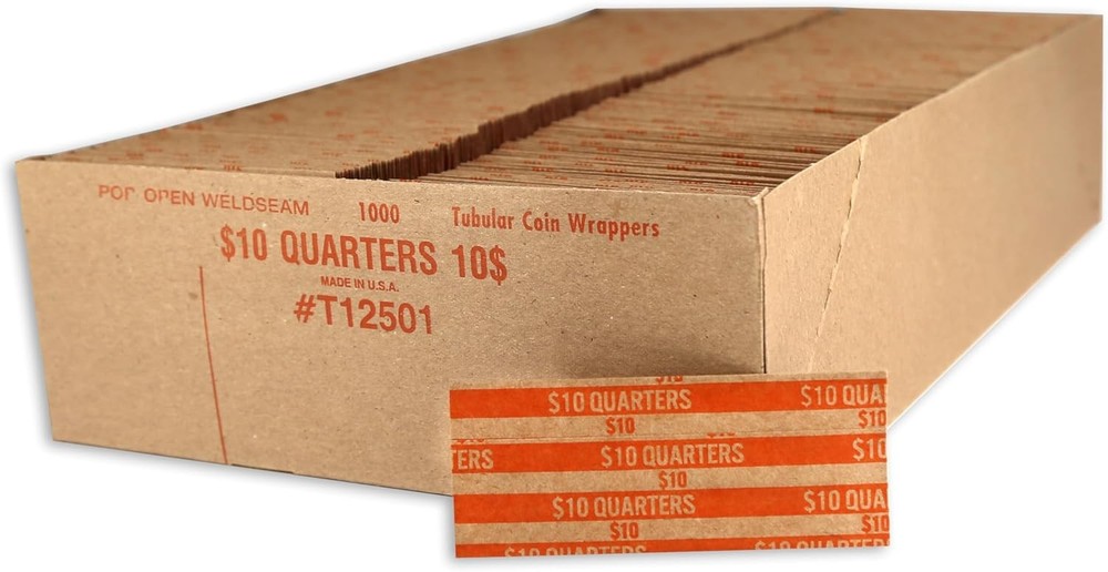 Huron Flat Coin Wrapper, Quarter Rolls $10 Orange (250 pcs)