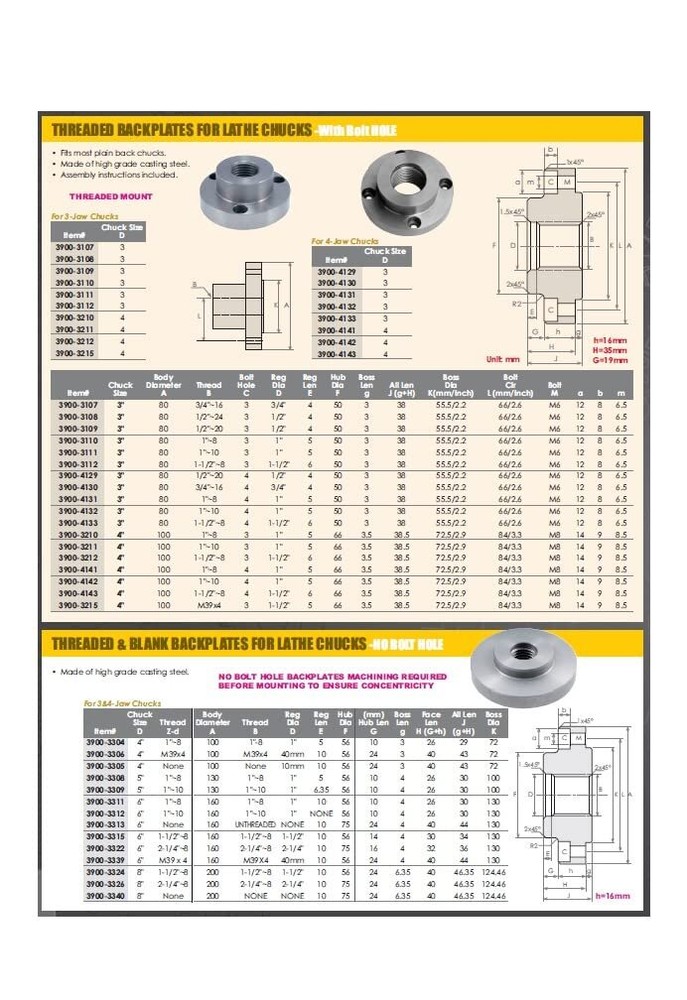 HHIP 3900-3305 Backplate/Adapter for 4" Lathe Chucks, Unthreaded