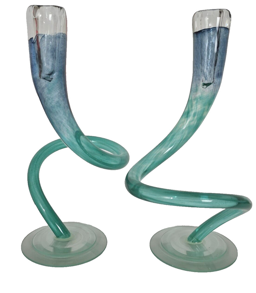 2-Michael Hudson Hand Blown Art Glass Twisted Candlesticks 11" Aqua Interlocking
