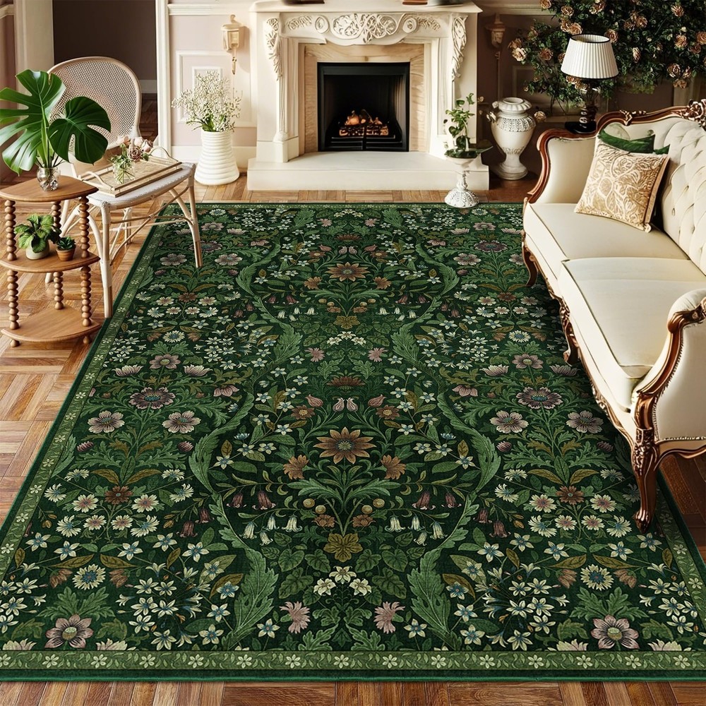 5×7 Dark Green Washable Floral Area 5' x 7' (Rectangular),