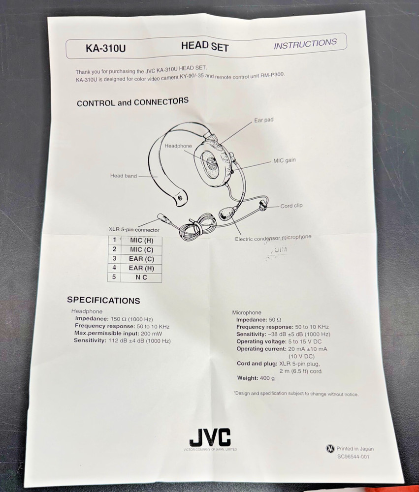 JVC KA-310U Intercom Headset ~ Broadcast Use ~ XLR ~ Headphone / Microphone