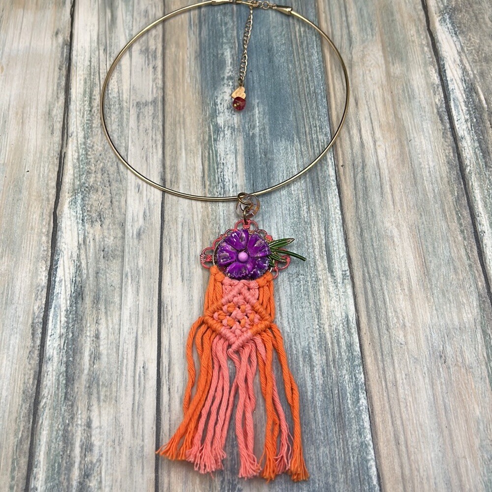 Adorned Crown Artisan Assemblage macramé enamel flower collar necklace