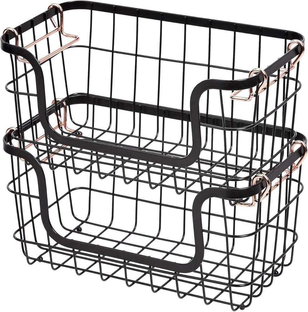 Stackable Metal Wire Rectangular Storage Baskets for Kitchen, Bathroom or Pantry
