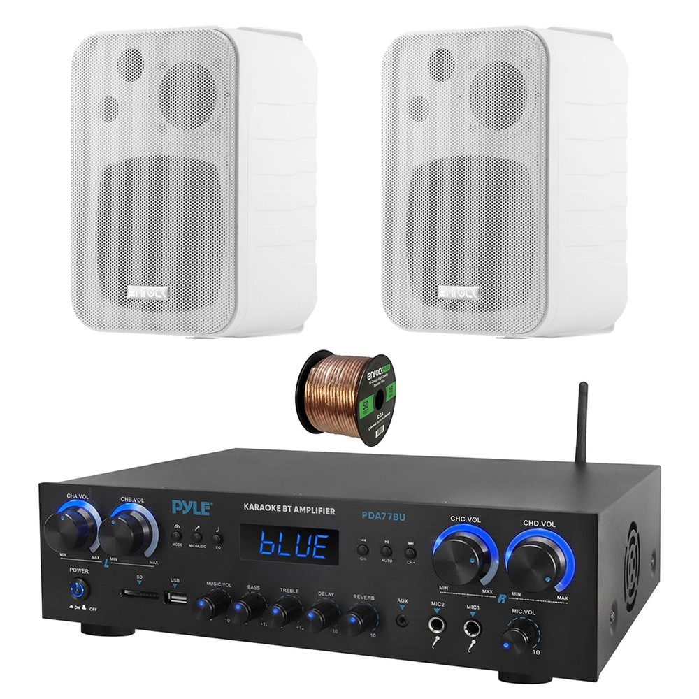Pyle PDA77BU 4-Channel Home Audio Bluetooth Receiver, 2x 4" White Speaker, Wire