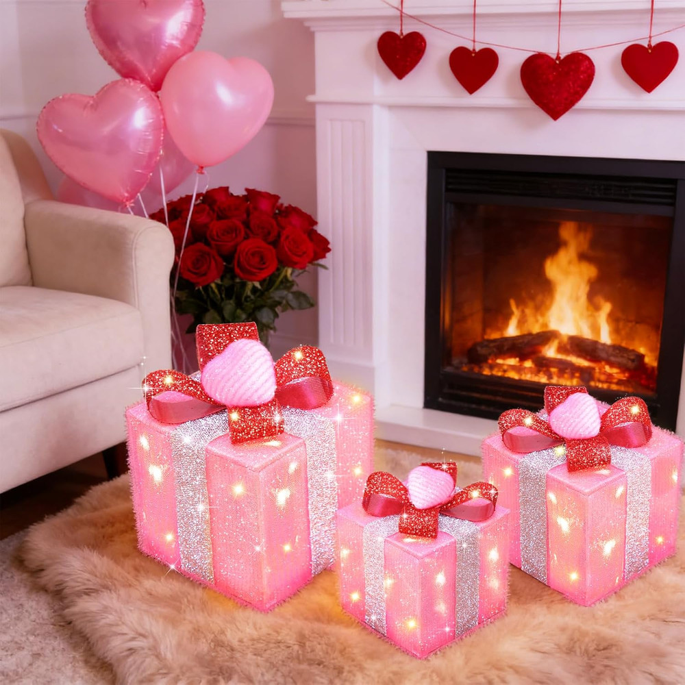 Pink Lighted Gift Boxes with Hearts - 3 Pack Valentine's Decorations