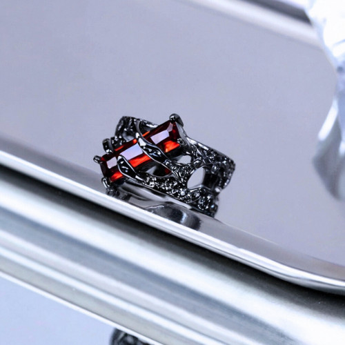 Adjustable Gothic Ring with Red Rhinestone, Resizable Hollow Out Ring
