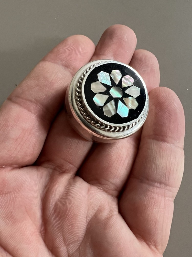 Solid Silver Enamel & Mother Of Pearl Pill Box / Snuff Box